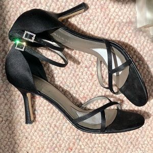 Sasha Too black satin heels with rhinestone ankle strap.
